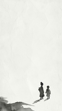 Ink painting minimal of children silhouette walking white.