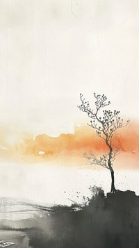 Ink painting minimal of sunset plant tree tranquility.
