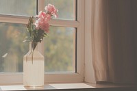 Flower in the vase by the window windowsill wall pink.