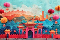 Collage Retro dreamy of travel to china art painting lantern.