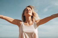 Woman stretch her arms outdoors looking person. AI generated Image by rawpixel.