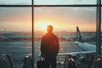 Asian man airport standing airplane.