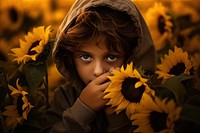 Little boy holding sunflower cover his face portrait plant photo.