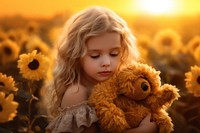 Little girl holding sunflower cover her face portrait child photo.