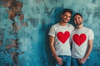 Couple gay man wearing heart-shaped matching shirts smiling t-shirt adult.