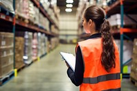 Woman checklist in warehouse architecture transportation delivering.