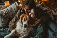 Couple with dog on couch affectionate togetherness comfortable. AI generated Image by rawpixel.