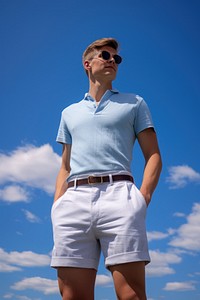 A man wearing blank seersucker bermuda shorts shirt adult blue.