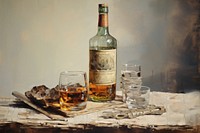 Clsoe up on pale whiskey painting bottle whisky.