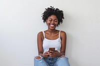 Black Woman short hair smiling sitting smile photo.