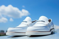 Blank white basic loafers with penny strap shoes footwear blue sky.
