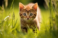 Brown kitten in grass field animal mammal plant.