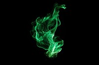Flame spark green smoke black background.