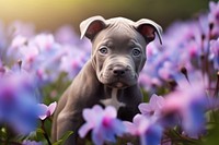 Grey pitbull puppy in flower field outdoors animal mammal.