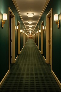 Green hallway vintage hotel architecture illuminated darkness.