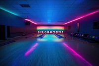 Empty neon bowling room architecture illuminated electronics.