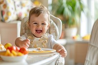 Cute toddler boy baby eating happy.