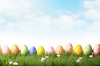Easter eggs in grass field celebration springtime decoration.