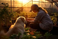 Asian female farmer plant dog greenhouse.