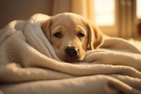 Labrador puppy in cozy bed blanket animal mammal.