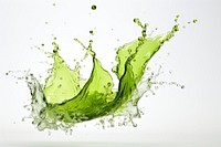 Splash effect of green tea white background refreshment splattered.