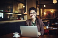 Portrait of a happy young businesswoman portrait laptop coffee. AI generated Image by rawpixel.