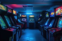 Old vintage arcade video games in an empty dark gaming room with blue light with glowing gambling illuminated opportunity.