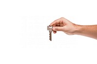 A man holding key white background keychain finger.