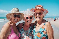 Old women friends fun laughing vacation.