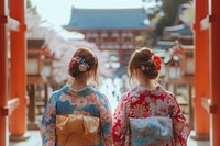 Colorful traditional Japanese wear fashion kimono temple.