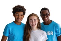 Teenager mixed race volunteers t-shirt smile white background.
