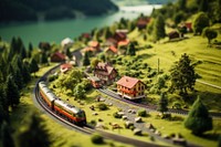 Train in countryside of Switzerland architecture tilt-shift landscape. AI generated Image by rawpixel.