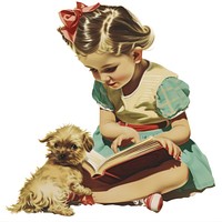 Vintage illustration of little girl reading book dog.