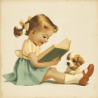 Vintage illustration of little girl art reading mammal.