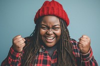 Cool chubby young black woman with fashionable clothing style full body on colored background laughing smile fun.