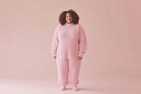 Cool chubby young black woman with fashionable clothing style full body on colored background sweatshirt outerwear happiness.