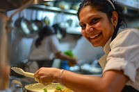 Indian female chef smiling cooking adult.