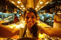 Indian hotel waitress serving selfie food restaurant.
