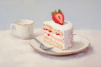  Strawberry shortcake on dish painting dessert cream. AI generated Image by rawpixel.