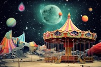 Collage Retro galaxy Amusement park on the moon astronomy carousel outdoors.