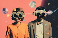 Collage Retro Galaxy teenager dating astronomy sunglasses portrait.