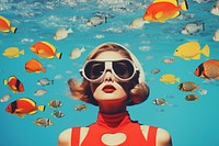 Collage Retro dreamy diver wear snorkeling sunglasses swimming portrait.
