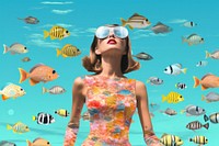 Collage Retro dreamy diving wear snorkeling underwater swimming outdoors.
