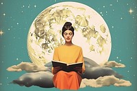 Collage Retro dreamy teenager reading on the moon astronomy adult art.