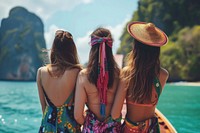 Mixed race friends travel Thailand back cheerful vacation.