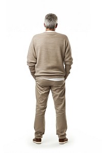 A man in jeans looking up on a white background isolation back view standing sweater sleeve.