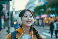 Korean student listening music happy infrastructure architecture.