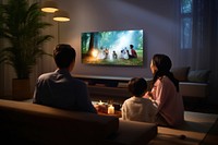 Japanese family watching movie screen adult togetherness.