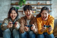 Korean enjoy playing game with friends laughing adult togetherness.
