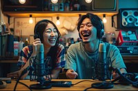 Two Japanese talking podcast laughing karaoke adult.